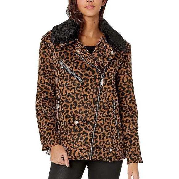 Avec Les Filles Faux Sherpa Trimmed Leopard Wool Blend Biker Moto Jacket M - Picture 1 of 9